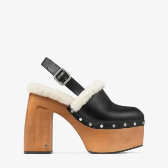 Alida Platform 135 – Escarpins à bride arrière en cuir de veau brillant noir avec peau de mouton