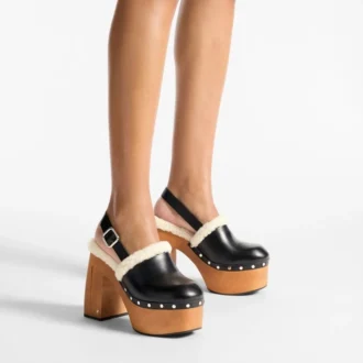 Alida Platform 135 – Escarpins à bride arrière en cuir de veau brillant noir avec peau de mouton