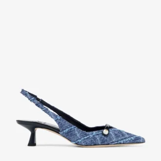 Amita 45 : escarpins à bride arrière en denim marine à motif croisé et cuir verni