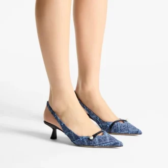 Amita 45 : escarpins à bride arrière en denim marine à motif croisé et cuir verni