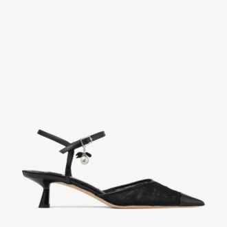 Aren Sling Back 45 Escarpins à bride arrière en cuir Spazzolato noir et maille à motif cœur, ornés d&rsquo;un charm en forme de perle