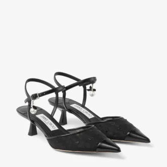 Aren Sling Back 45 Escarpins à bride arrière en cuir Spazzolato noir et maille à motif cœur, ornés d&rsquo;un charm en forme de perle