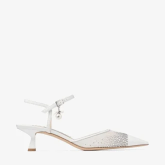 Aren Sling Back 45 – Escarpins à bride arrière en maille cristalline blanche avec breloque en forme de perle