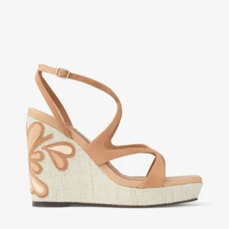 Ayla 110 : sandales compensées en daim et cuir nappa mélangés couleur caramel et naturel, ornées de raphia fin