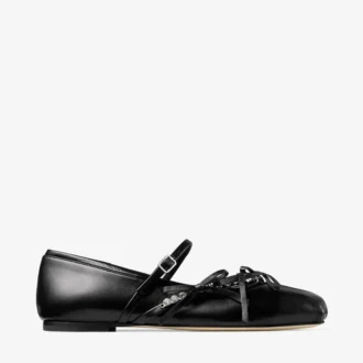 Ballerines Loli en cuir nappa noir brillant avec nœuds en cuir souple