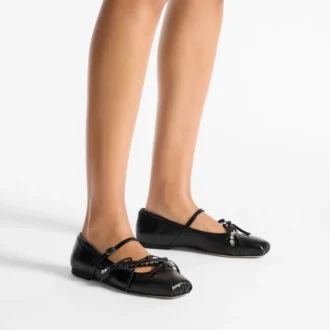 Ballerines Loli en cuir nappa noir brillant avec nœuds en cuir souple