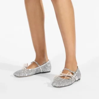 Ballerines Loli en tissu argenté et pailleté couleur macaron, ornées de nœuds en satin