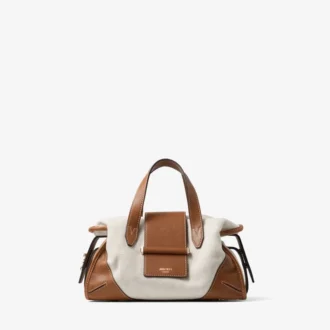 Bar Holdall Small Sac de voyage en toile recyclée naturelle et beige avec bordures en cuir Biker