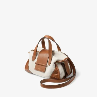 Bar Holdall Small Sac de voyage en toile recyclée naturelle et beige avec bordures en cuir Biker