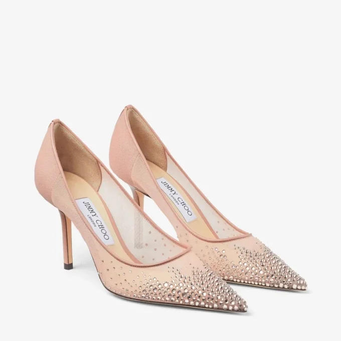 Escarpins à bout pointu Love 85 en maille rose ballet avec cristaux dégradés