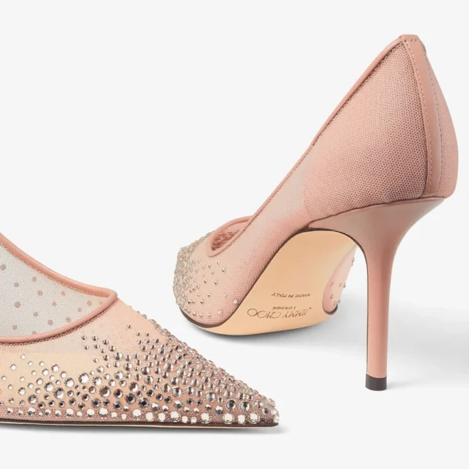 Escarpins à bout pointu Love 85 en maille rose ballet avec cristaux dégradés