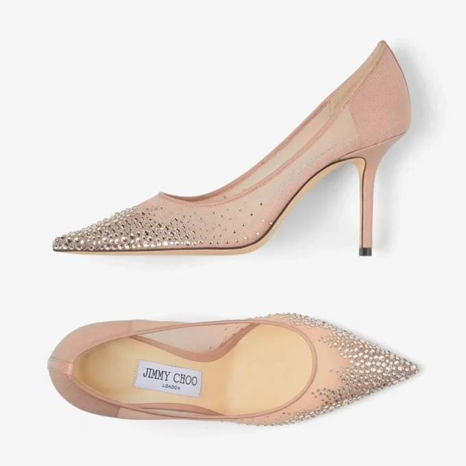 Escarpins à bout pointu Love 85 en maille rose ballet avec cristaux dégradés