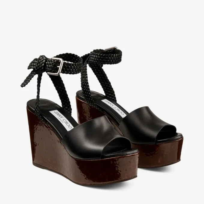 Jori 100 : cuir de veau noir brillant et talons compensés en liège brillant