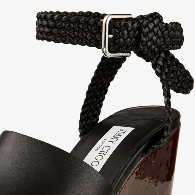 Jori 100 : cuir de veau noir brillant et talons compensés en liège brillant
