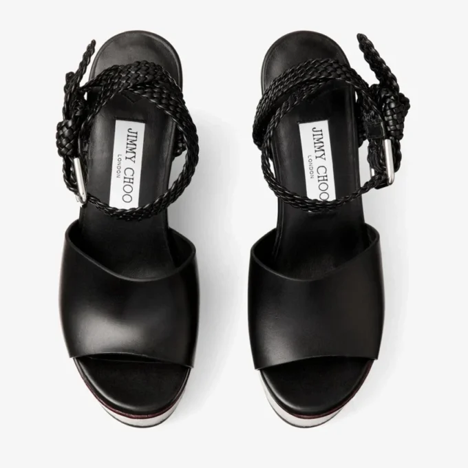Jori 100 : cuir de veau noir brillant et talons compensés en liège brillant