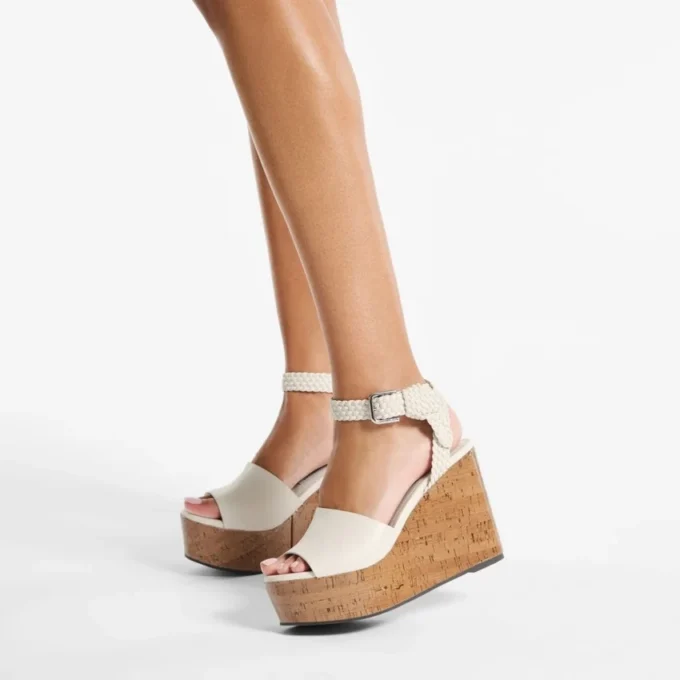 Jori 100 : sandales compensées en cuir de veau brillant couleur latte et liège brillant