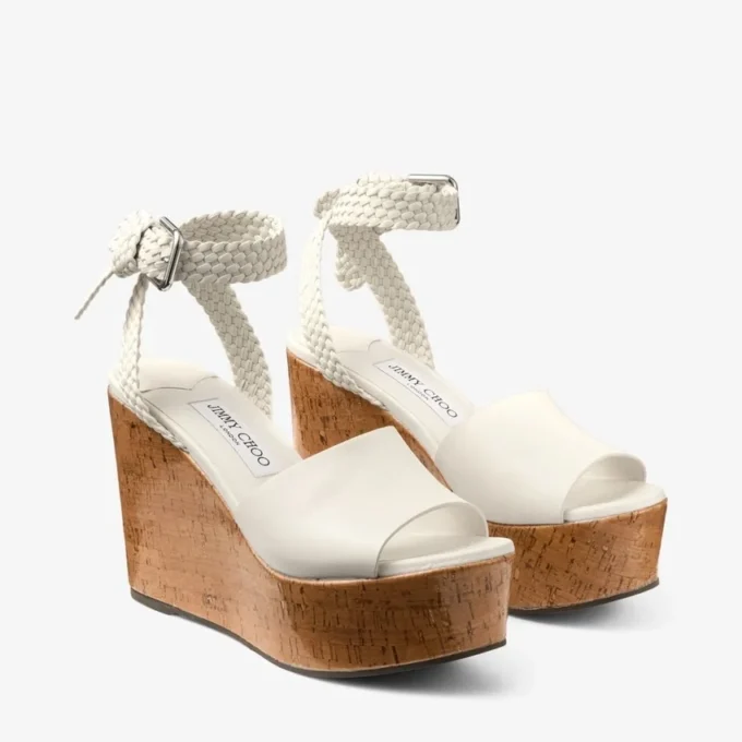 Jori 100 : sandales compensées en cuir de veau brillant couleur latte et liège brillant