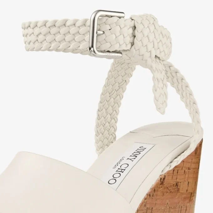 Jori 100 : sandales compensées en cuir de veau brillant couleur latte et liège brillant