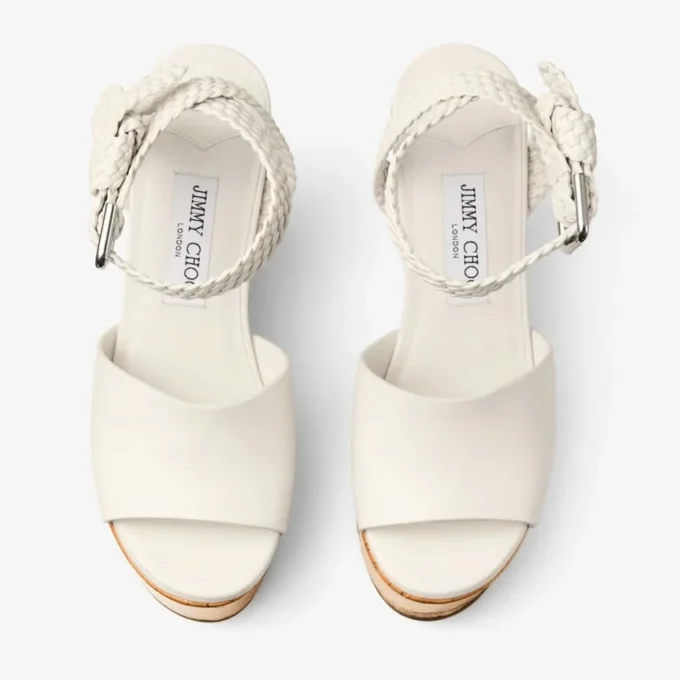 Jori 100 : sandales compensées en cuir de veau brillant couleur latte et liège brillant