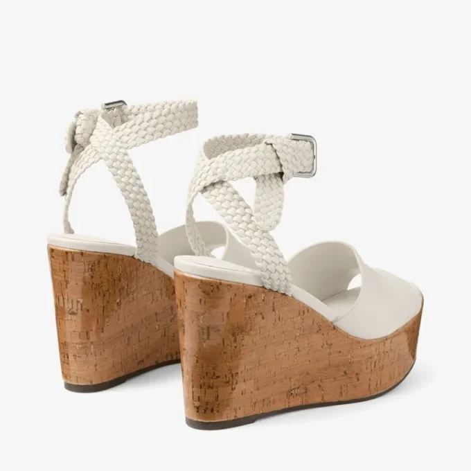 Jori 100 : sandales compensées en cuir de veau brillant couleur latte et liège brillant