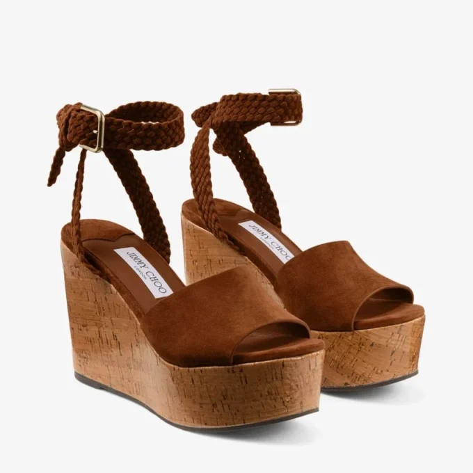 Jori 100 : sandales compensées en daim beige et liège brillant