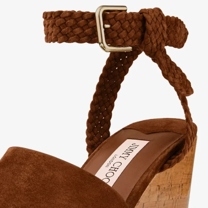 Jori 100 : sandales compensées en daim beige et liège brillant
