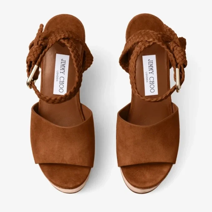 Jori 100 : sandales compensées en daim beige et liège brillant