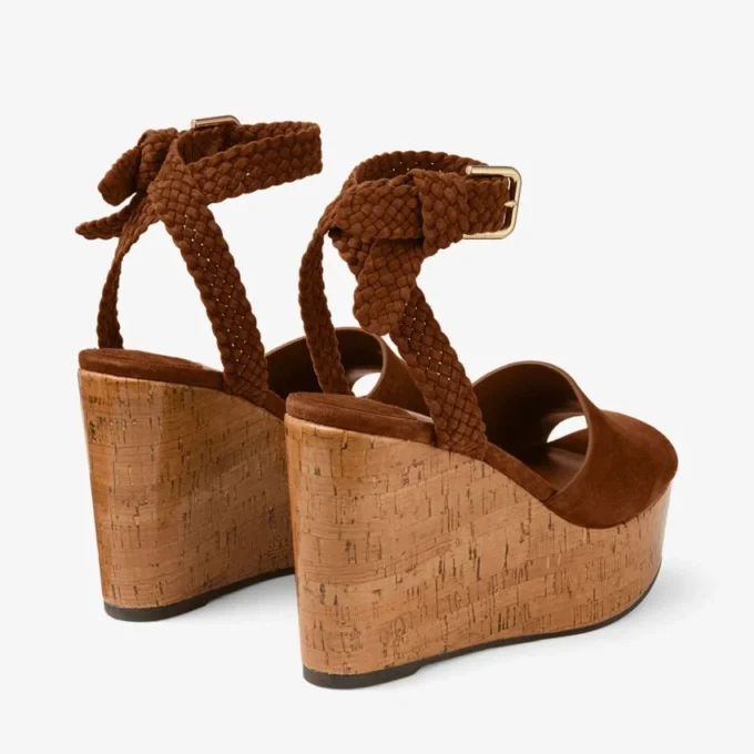 Jori 100 : sandales compensées en daim beige et liège brillant