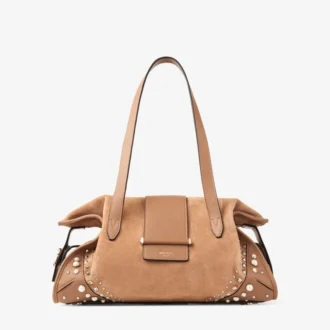 Sac de voyage Bar Holdall Medium en daim couleur caramel, avec bordures en cuir Biker et clous en perles