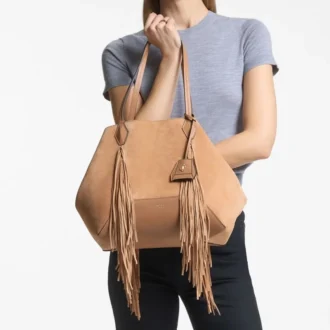 Sac fourre-tout Diamond moyen en daim couleur caramel avec franges