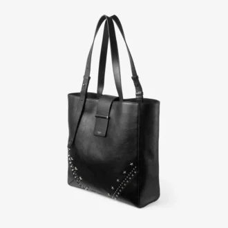 Sac fourre-tout vertical Bar Sac fourre-tout moyen en cuir de veau grainé souple noir avec étoiles texturées