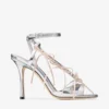 Sandales Lula 100 en cuir Liquid Metal argenté et macaron avec nœuds en velours