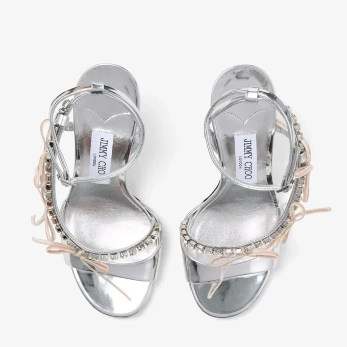Sandales Lula 100 en cuir Liquid Metal argenté et macaron avec nœuds en velours
