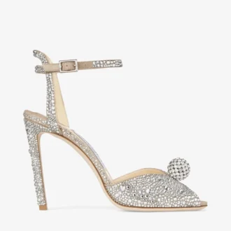 Sandales Sacora 100 en daim nude avec cristaux thermocollants et détail sphérique
