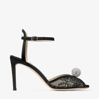 Sandales Sacora 85 en dentelle noire avec boule ornée de cristaux