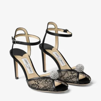 Sandales Sacora 85 en dentelle noire avec boule ornée de cristaux