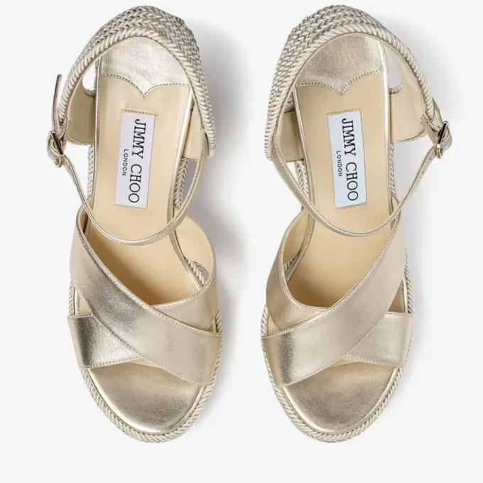Sandales à talons compensés Dellena 100 en cuir nappa champagne avec fil métallique