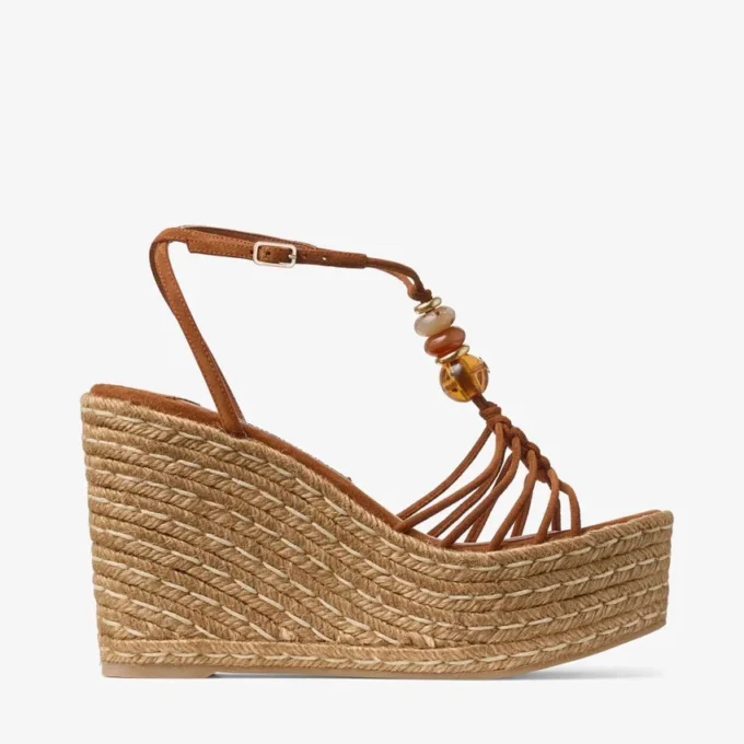 Sandales à talons compensés Lemi 100 en daim mélangé beige avec perles