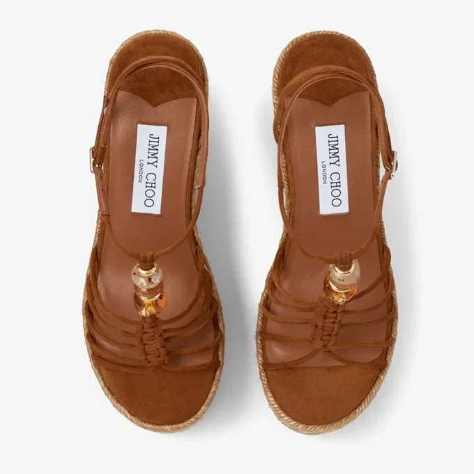 Sandales à talons compensés Lemi 100 en daim mélangé beige avec perles