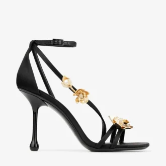 Sandales Zea 95 en satin noir ornées de fleurs métalliques