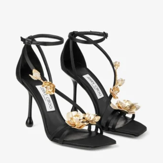 Sandales Zea 95 en satin noir ornées de fleurs métalliques
